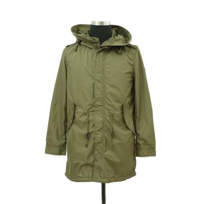 China Factory Direct High Quality Olive Color Long Mens Trench Coat Breathable Polyester With Ykk Hood And Patch Zipper for sale