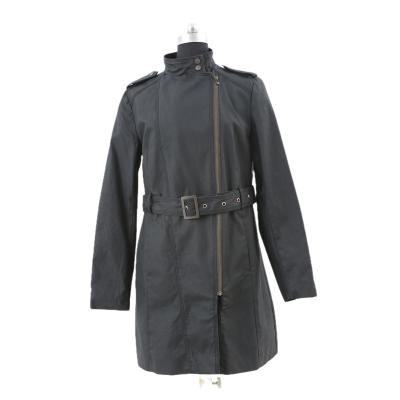 China Factory wholesale price fabric trench coat waterproof black long liner women with standing collar and shoulder buckles for sale