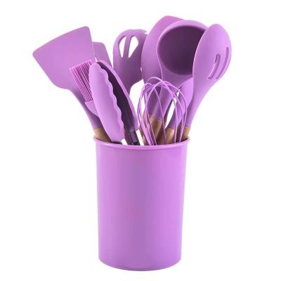 China Viable Silicone Cooking Kitchen Utensils Set With Wooden Turner Tongs Spatula Spoon Kitchen Holder Handles BPA Free Non-Toxic Silicone for sale