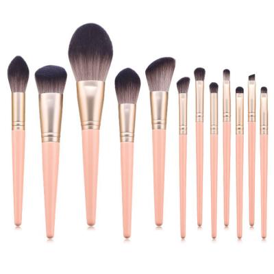 China Angular Blush Rose Gold Wooden Olive Handle 12pcs Synthetic Hair Private Label Makeup Brush Makers for sale