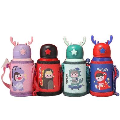 China 500ml Cartoon Viable Deer Antler Travel Stainless Steel Outdoor Thermos Bottle With Cloth Bag Kids Straw Bounce Cup Tumbler School for sale