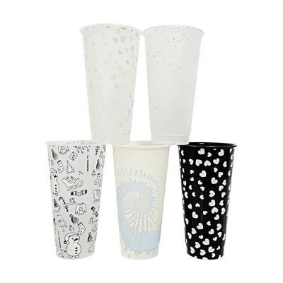 China Sustainable Colored Plastic Reusable Cup 24oz Temperature Cold Magic Drinking Tumblers Color Changing Cup With Cover And Straw for sale