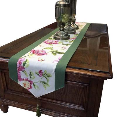 China Durable Dark Green FANNI Painted Floral Fabric Stitch Border Polyester Dining Table Runner for sale