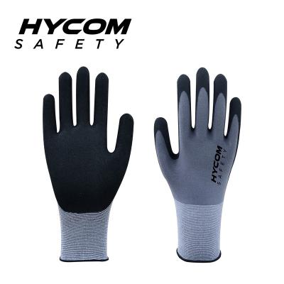 China Cut Resistant Glove Hycom N15SN Level 1 Safety For Workers Nylon Fiber 15g Sandy Nitrile Coated Glove Suitable For The Job for sale