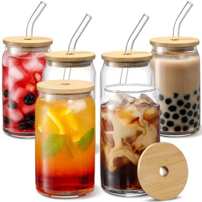 China Custom Stocked Glass Tea Coffee Mug Soda Beer Can Shaped 16oz Mug Glass Cups With Bamboo Lid And Straw for sale