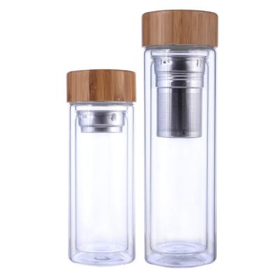 China Custom Stocked 450ml 350ml Bamboo Top Glass Water Bottle Logo Borosilicate Glass Water Bottles With Lid And Bamboo Tea Infuser for sale