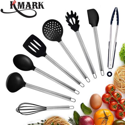 China Non Sustainable Stick 8 PCS Stainless Steel Handle With Heat Resistant Silicone Kitchen Utensil Set for sale