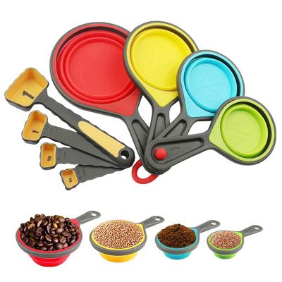 China Sustainable Eco Friendly Silicone 8 Pcs Cake Food Grade Coffee Kitchen Measuring Cups And Spoons Folding Baking Tool Kit for sale