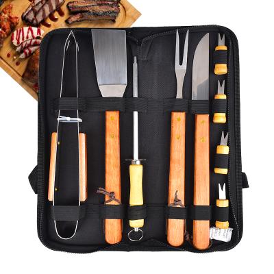 China Easily Cleaned BBQ Grill Tools 9 Pcs Wooden Bamboo Handle Stainless Steel BBQ Grilling Tools Grill Tool Kit With Carry Bag for sale