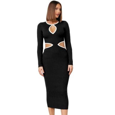 China Wholesale Anti-Static Sexy Bodycon Cut Out Night Dresses Sexy Women Ribbed Knit Long Sleeve Midi Casual Outfits for sale