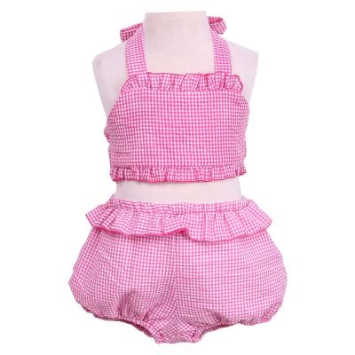 China OEM New Style 100%Cotton Seersucker Summer Soft Lovely Breathable High Quality Pink Ruffle Strap Baby Swimsuit for sale