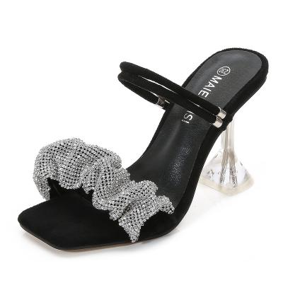 China 2023 Fashion Trend Factory Summer Glitter Red Black Rhinestone Crystal Heeled Sandals Shoe Three Ways To Wear Heeled Sandals|Lace Up Sandal for sale