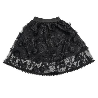 China Breathable 100% Polyester Embroider Mesh Knitting Elastic Waist Black Kids Girls Loose Skirts With 100% Cotton Woven Poplin Lining for sale