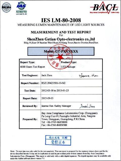 1W LED Energy Star LM-80 Report - Shenzhen Getian Opto-Electronics Co., Ltd