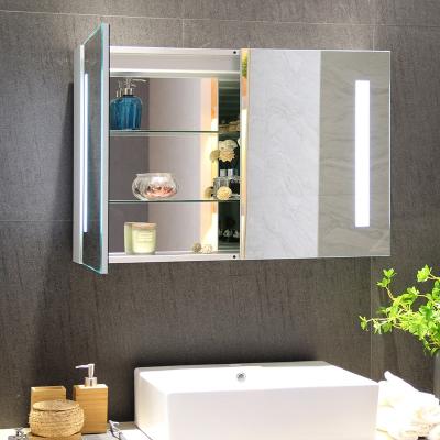 China Mirrored Double Doors Surface Wall Mounted Bathroom Storage LED Lighted Mirrored Cabinet for sale