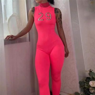 China Anti-pilling 2022 Hot Sale Letter Embroidery Overalls Knitted Turtle Neck Jumpsuits For Women Solid Sleeveless Tight Rompers for sale