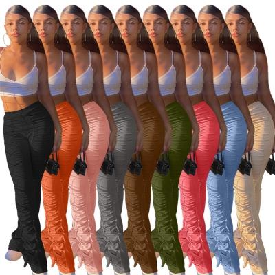 China S-2XL Anti-wrinkle Women's Casual Pants and Trousers Pleated Solid Stacked Wide Leg Flare Gaiters Pants For Women for sale