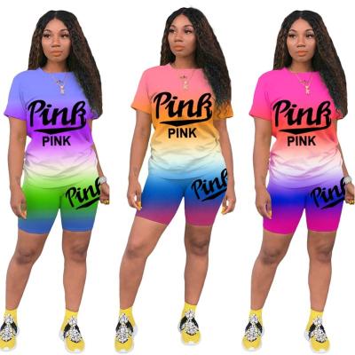 China 2022 Summer Breathable Pink Shorts Sets Ladies 2 Pcs Tie Dye Letter Print Skinny Jogging Wear Tracksuit Summer Women Biker Two Piece Set for sale