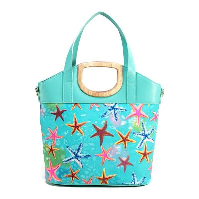 China Preppy Style 2021 New Design Starfish Printed Women's Canvas Tote Bag With Wooden Handle for sale