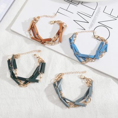 China TRENDY Korean Wooden Metal Chain Brown Blue Gold Color Link Bracelet Fashion Brand Women Jewelry Sweet Party Dating Gift for sale