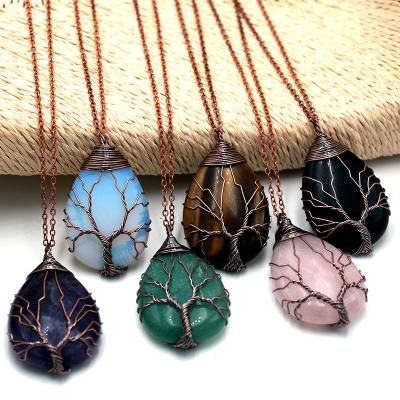 China BOHEMIA Metal Lines Wrap Tree Of Life Stone Crystal Pendant Necklace Jewelry For Women Men for sale