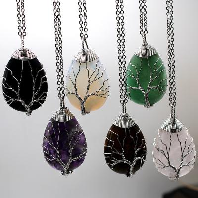 China BOHEMIA Metal Lines Wrap Tree Of Life Stone Waterdrop Necklace Pendant Jewelry For Women Men Statement for sale