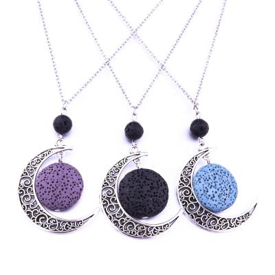 China FASHIONABLE Minimalist Lava Rock Stone Moon Necklace Round Lava Stone Essential Oil Diffuser Necklace Aromatherapy Jewelry for sale