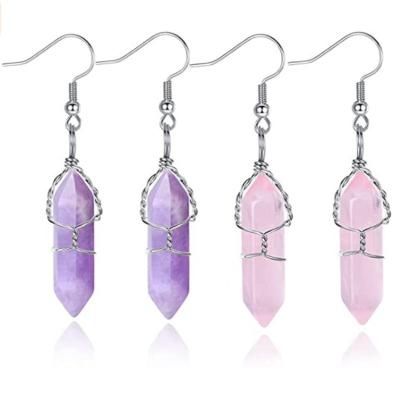 China TRENDY Wrap Healing Opal Turquoise Rose Quartz Crystal Pendulum Earrings Women Dangle Amethyst Reiki Ball Stone Earrings for sale