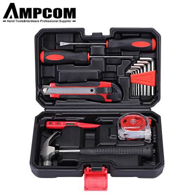 China Household Repair Tool AMPCOM 15pcs Combination Tool Kit Claw Hammer Knife Measuring Electrical Service Tape for sale