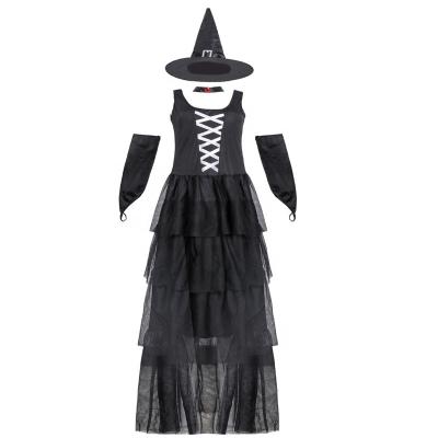 China Holiday Halloween Witch Costumes For Women Black Polyester Long Dress Hat Scary Holiday Costume Full Set for sale