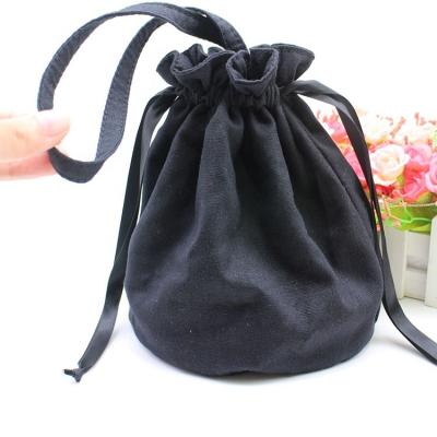 China Custom Cotton Cloth Cosmetic Gift Logo Black Holder Up Pockets Drawstring Bag Round Bottom Pouch for sale