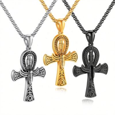 China 2020 Hiphop Jewelry Prayer Stainless Steel Chain Ancient Egyptian Coptic Ankh Cross Butterfly Pendant Necklace for sale