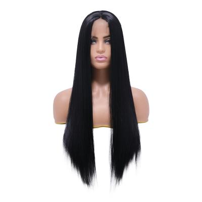 China Wholesale Qiancoshair Black Long Elastic Straight Synthetic Hair Wig Heat Resistant Fiber Lace Front Wig For Women Daily Wigs for sale