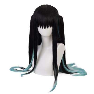 China Wholesale Role Playing Qiancoshair Kimetsu No Yaiba Tokitou Muichirou Black Mix Blue Synthetic With Two Clips Removable Cosplay Wig for sale