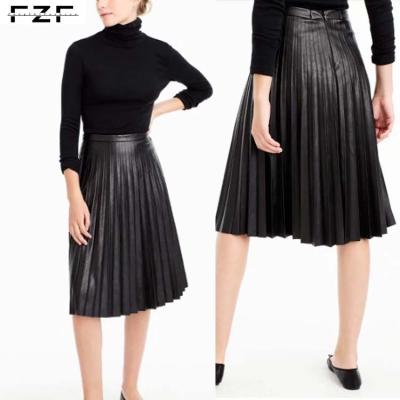 China Maternity Midi Length Women Soft Black Pleated Leather Skirt for sale