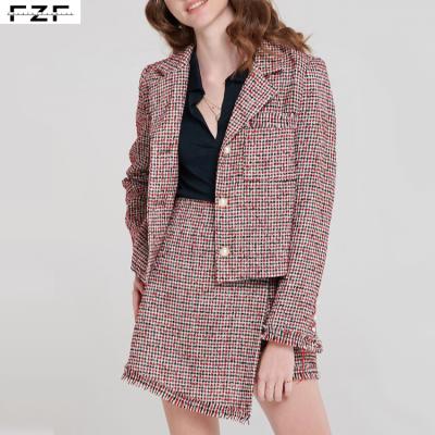 China Dongguan high quality anti-shrink short length women blazer tweed suit for sale