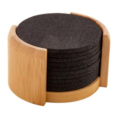 China Sustainable Absorbent Felt Round With Bamboo Holder Sets Custom Made Bamboo Felt Drink Felt Cup Coasters For Promotional Gifts for sale