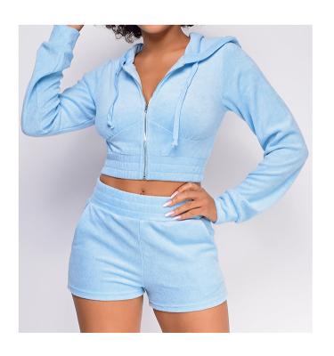 China 2022 Custom Made Sky Blue French Casual 2 Piece Women's Breathable Hoodie Terry Crop Shorts Set for sale