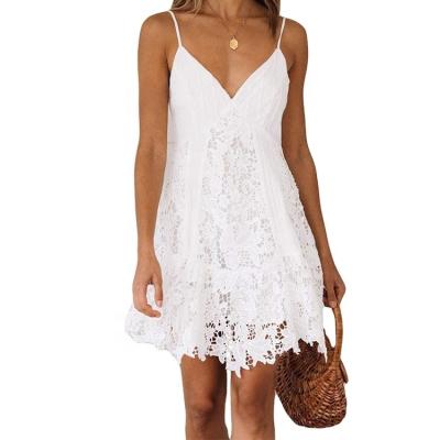 China 2022 Customs Anti-Static Sale Like Hot Cakes Summer Ladies Solid V-Neck Spaghetti Strap Lace Mini Dress for sale