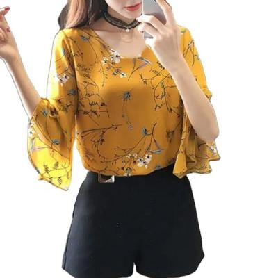 China 2022 Summer New Custom Long Sleeve Women's Breathable V-Neckline Breathable Chiffon Blouse With Floral for sale