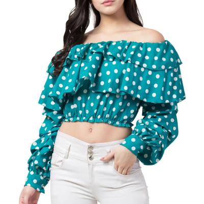 China Breathable 2022 New Styles Spring Polka Dot Print Long Sleeve Off The Shoulder Women Waistless Ruffle Crop Top for sale