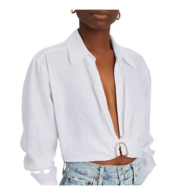 China Women's deep-v sexy shorts canvas mixed collar pure color breathable shirt blouses tops with mental decoration for sale