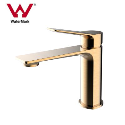 China Brushed Gold Basin Faucet 2021 Hot Selling Style Watermark Auetralian Standard European Standard Brushed Gold Basin Faucet for sale