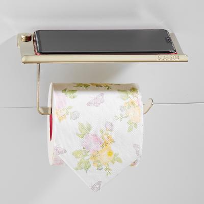 China Modern Luxury Gold Stainless Steel Toilet Paper Holder With Phone Shelf for sale