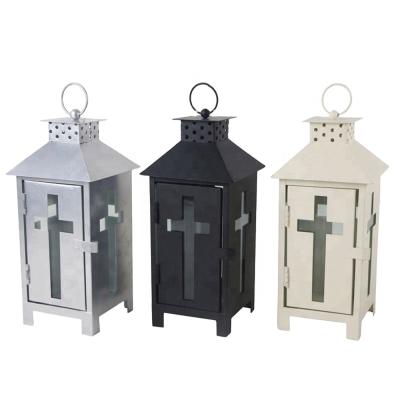 China Home Decoration Cross Cemetery Metal Decorative Hanging Grave Candle Lantern for sale