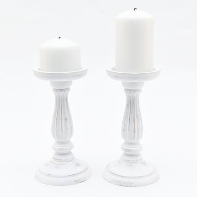 China Home Daily Wooden Candle Holder 2 Sizes Church Holiday Wedding Vintage Decoration White Wooden Tall Candlesticks for sale