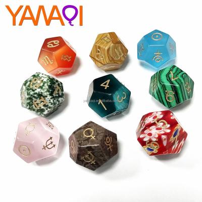 China Astrology Dice Natural Crystal Gemstone D12 Faceted Dice Horoscope Dies Engraving Constellation Bulk Props for sale