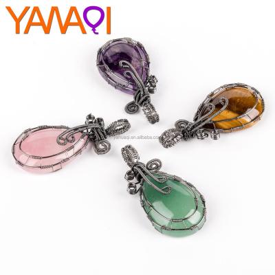 China Original Style Original Amethyst Hand-wound Natural Jewelry Necklace Retro Water Drop Gun Black Copper Wire Bundle Pendant for sale