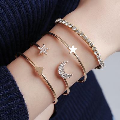 China SinDlan 4Pcs/set Vintage Tennis Crystal Bracelet Moon and Star Bracelets and Bangles for Women for sale