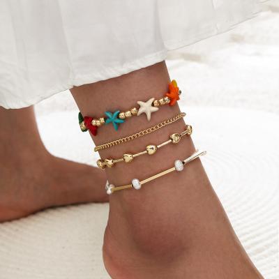 China Hot Bohemia Colorful Imitation Pearl Heart Stars Jewelry Summer SinDlan Geometric Anklets For Girls for sale